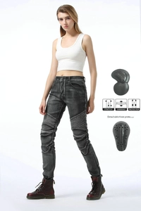 Détail du jean de moto gris charbon avec zones extensibles et protections aux genoux