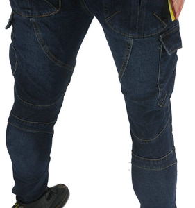 Detail of dark blue motorcycle riding jeans featuring reinforced stitching and cargo pockets