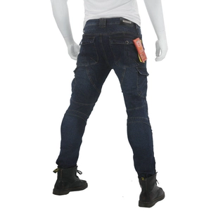 Detail of blue motorcycle jeans with protective knee accordion panels and cargo pockets
