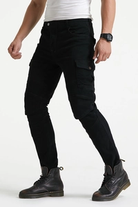 Detail of men's black motorcycle pants featuring knee pleats and side cargo pockets