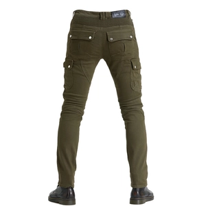 Olive green motorcycle cargo pants with pleated stretch panels and functional back pockets