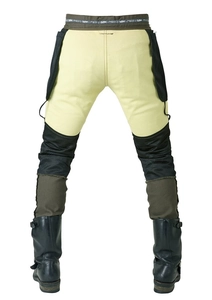 Detail of motorcycle riding pants with reinforced mesh knees and durable fabric segments