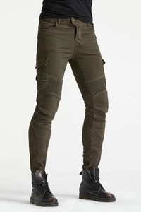 Detail view of olive green motorcycle cargo pants with pleated knee armor and utility pockets