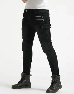 Detail of slim-fit motorcycle jeans featuring tactical side pockets and knee pleats
