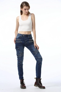 Close-up of women's slim-fit motorcycle jeans in dark blue with ribbed elastic panels