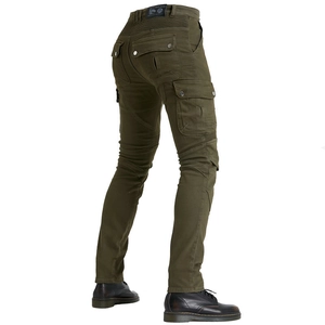Detail of army green motorcycle cargo pants with elastic knee panels and large pockets