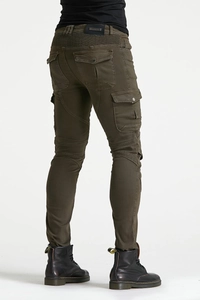 Detail of army green motorcycle jeans featuring ribbed stretch panels and cargo pockets