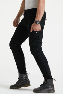 Detail of motorcycle riding jeans with protective knee pleats and cargo pockets