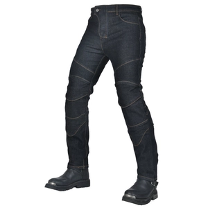 Men's slim-fit motorcycle riding jeans in dark blue denim with protective knee padding