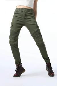 Detail of olive green motorcycle pants featuring ribbed knee panels and side cargo pockets