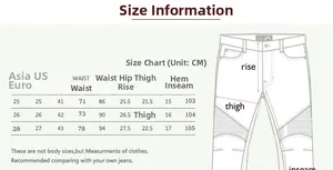 Detailed size chart for women's high-stretch motorcycle jeans with CM measurements