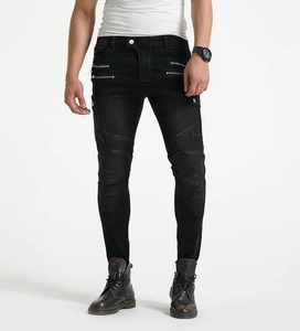 Slim fit black motorcycle jeans with protective knee pleats and metal zipper details