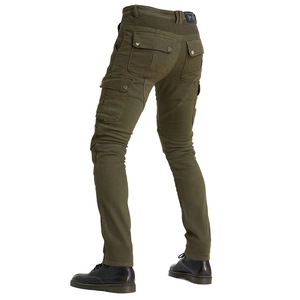 Detail of olive green motorcycle cargo pants showing accordion stretch panels and pockets