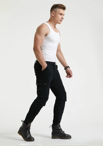 Detail of men black motorcycle cargo pants with reinforced knee stitching and large side pockets