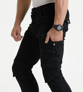 Men's slim-fit black motorcycle riding jeans with protective pads and cargo pockets