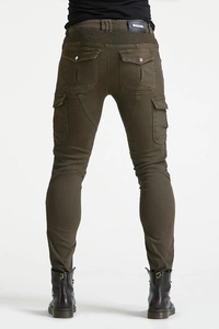 Detail of olive green motorcycle jeans with back flap pockets and ribbed moto knee panels