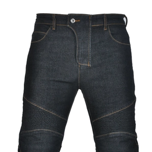 Men's slim-fit biker jeans in dark denim featuring elastic accordion ribbing on knees