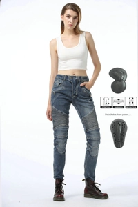 Blue denim motorcycle riding pants with stretch pleats and removable knee protectors