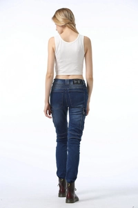 Detail view of women's biker jeans with pleated knees, side pockets and back leather label