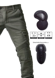 Army green stretch motorcycle jeans with shirring knees and removable protective pads