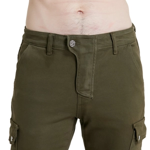Detail of army green motorcycle cargo pants with metallic button and reinforced fabric