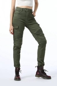 Detail of army green motorcycle pants showing knee ribbing and side cargo pocket