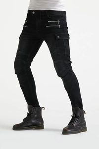 Detail of motorcycle riding jeans with accordion stretch panels and tactical zipper pockets