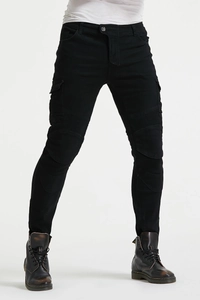 Detailed view of black motorcycle jeans with pleated knee pads and cargo pockets