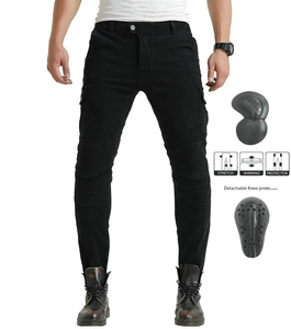 Men's motorcycle riding jeans in black cargo style with stretch panels and knee pads
