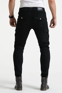 Men's slim-fit motorcycle jeans with protective gear and cargo pockets in black