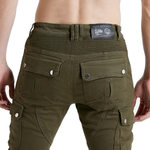 Detail of olive motorcycle pants with stretch panels and branded leather waist patch