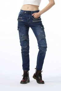 Close-up of women's biker jeans with reinforced knee panels and utility side pockets
