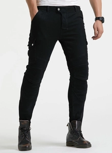 Detail of black motorcycle riding jeans with cargo pockets and pleated knee panels