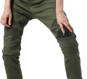 Detail of army green motorcycle pants with removable knee pads and flexible pleats