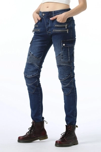 Detail of slim-fit motorcycle jeans with accordion knee panels and zipper pockets