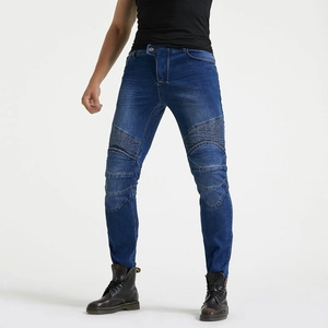 Slim fit heren motorjeans in donkerblauw met geribbelde kniepanelen en biker stijl