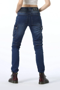 Rear view of slim-fit blue motorcycle jeans featuring accordion stretch panels on the waist