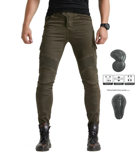 Detail of army green motorcycle jeans featuring stretch shirring and detachable knee pads
