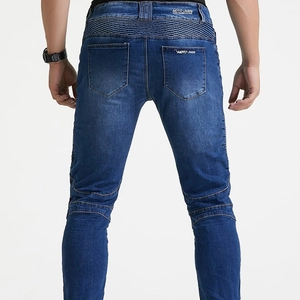 Donkerblauwe motorjeans in slim-fit met accordeonpanelen en Moto-borduursel op de achterkant