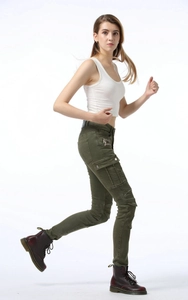 Army green slim fit women motorcycle pants with cargo pockets and knee pleated details