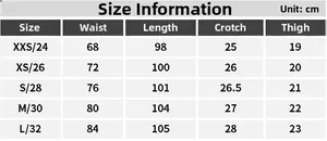 Size information chart for high elastic women's motorcycle riding jeans from XXS to L