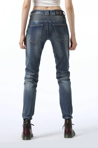 Rear view of slim fit motorcycle jeans featuring elastic accordion panels and leather patch