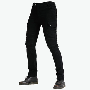 Detail of black motorcycle jeans with accordion knee panels and side cargo pockets