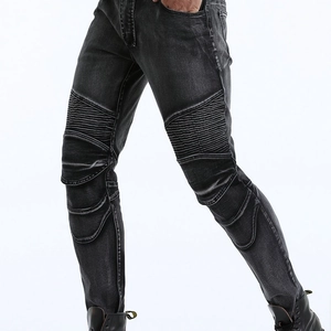 Men's motorcycle jeans in dark grey wash with protective accordion pleats and slim fit