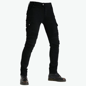Detail of black motorcycle cargo jeans showing knee pleats and side flap pockets