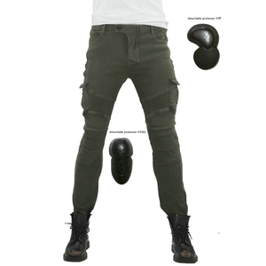 Olive green motorcycle riding cargo pants with protective knee and hip pads for men