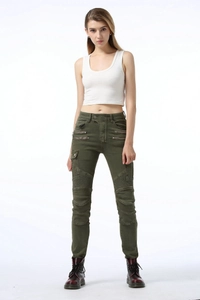 Detail of olive green motorcycle jeans showing cargo pockets and knee stretch panels