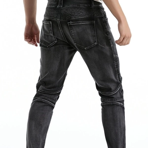 Men's retro motorcycle jeans in silver-washed finish with protective ribbed panels