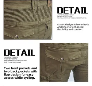 Detail view of military green motorcycle pants with pleated elastic panels and flap pockets