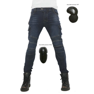 Men's motorcycle riding jeans in deep blue with detachable knee and hip armor pads